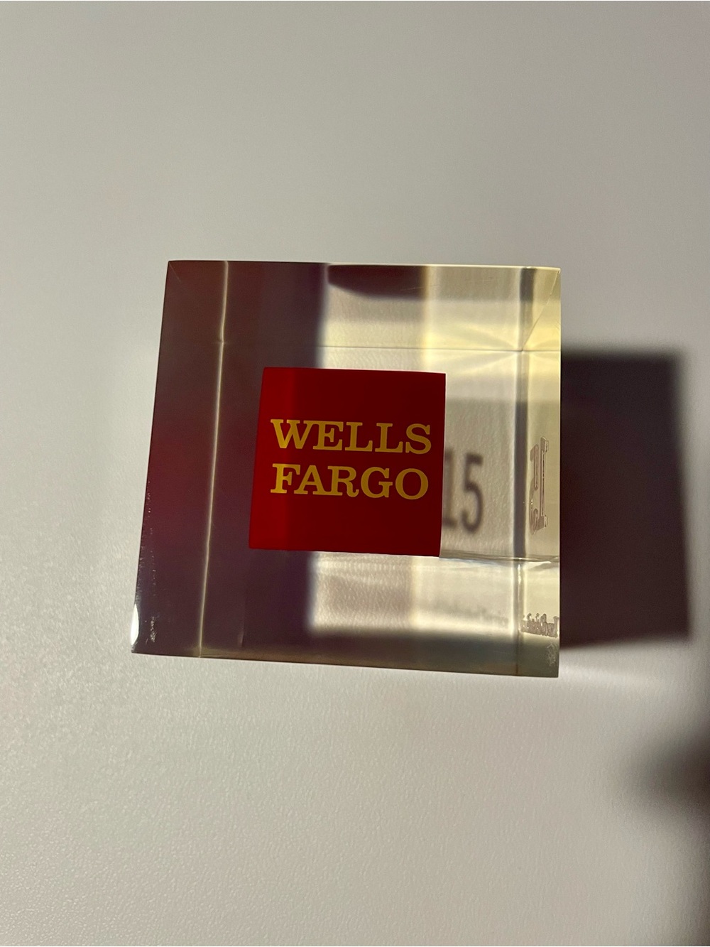 Wells Fargo 15 Years Service Anniversary Award Clear Lucite Cube Paperweight